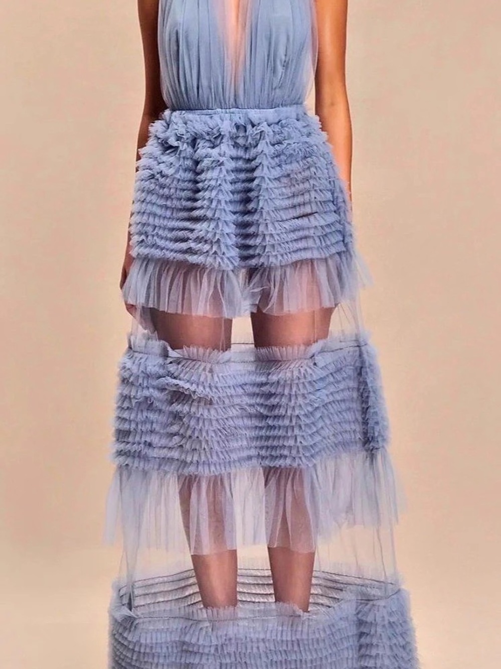 MESHKI Minka Mesh Ruffle Halter Maxi Dress Halter Maxi Dress in Blue Size Small